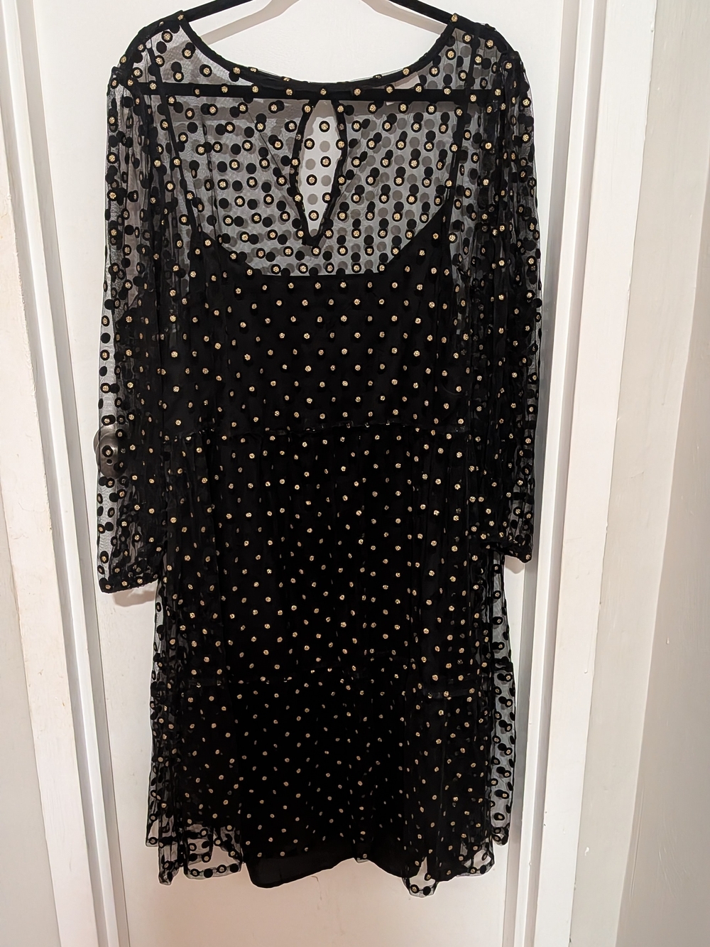 LOFT Plus Black Mesh Long Sleeve Dress with Gold Polka Dots - Picture 3 of 5